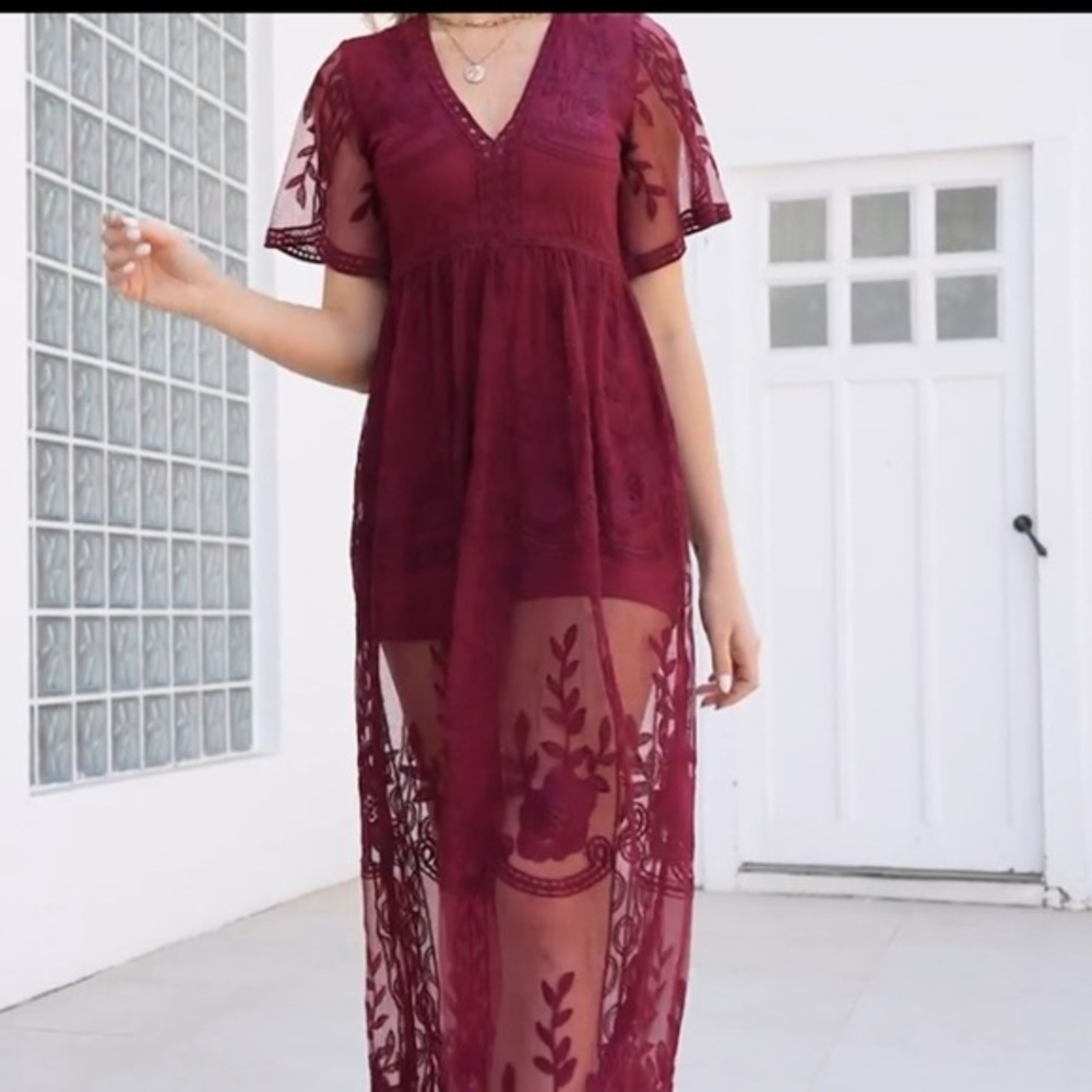 Eleter Women's Deep V-Neck Burgundy Lace Romper Short Sleeve Long Dress, XXL